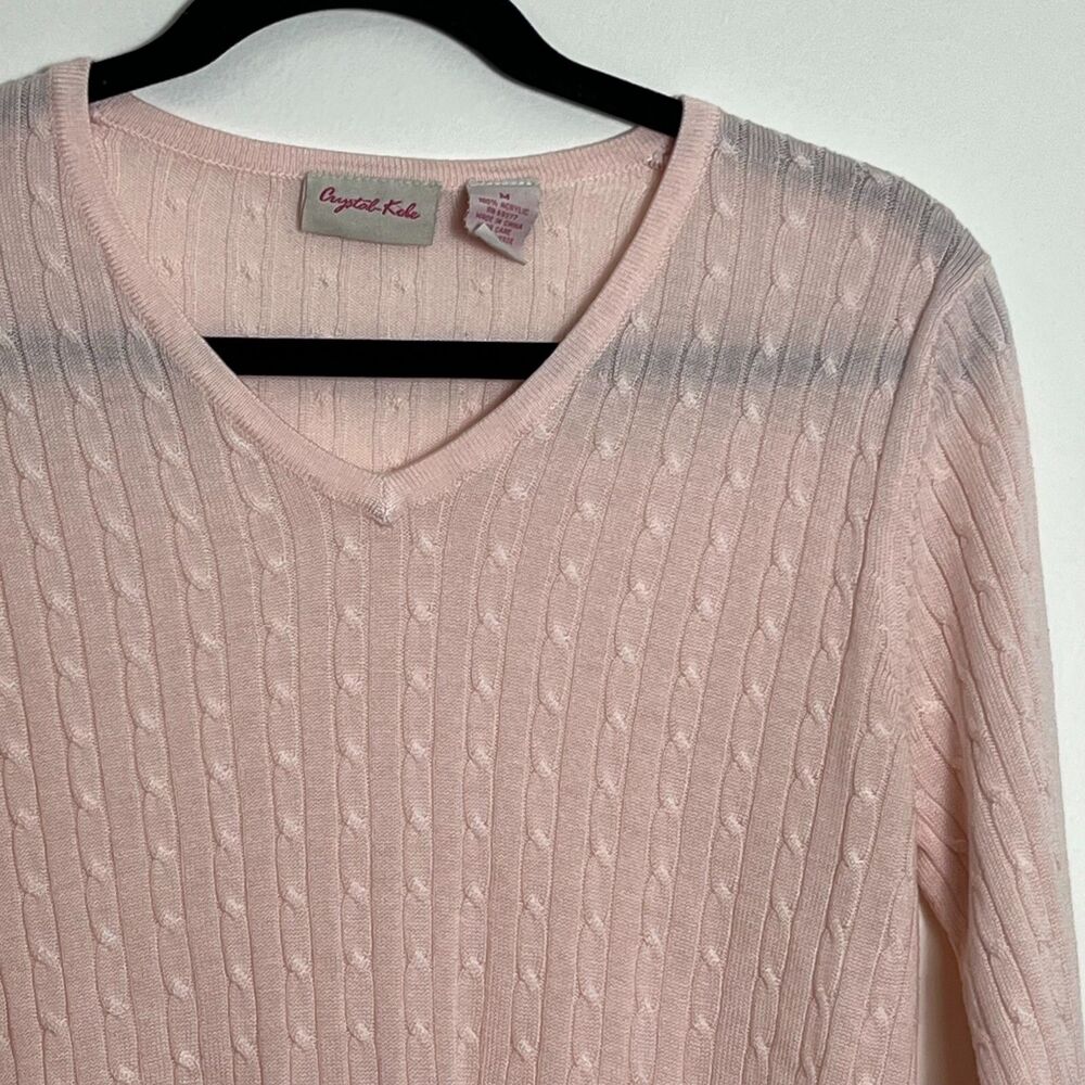 Vtg Crystal Kobe Cable Knit Sweater Size M Pink y2k Heritage Prep Old Money Top